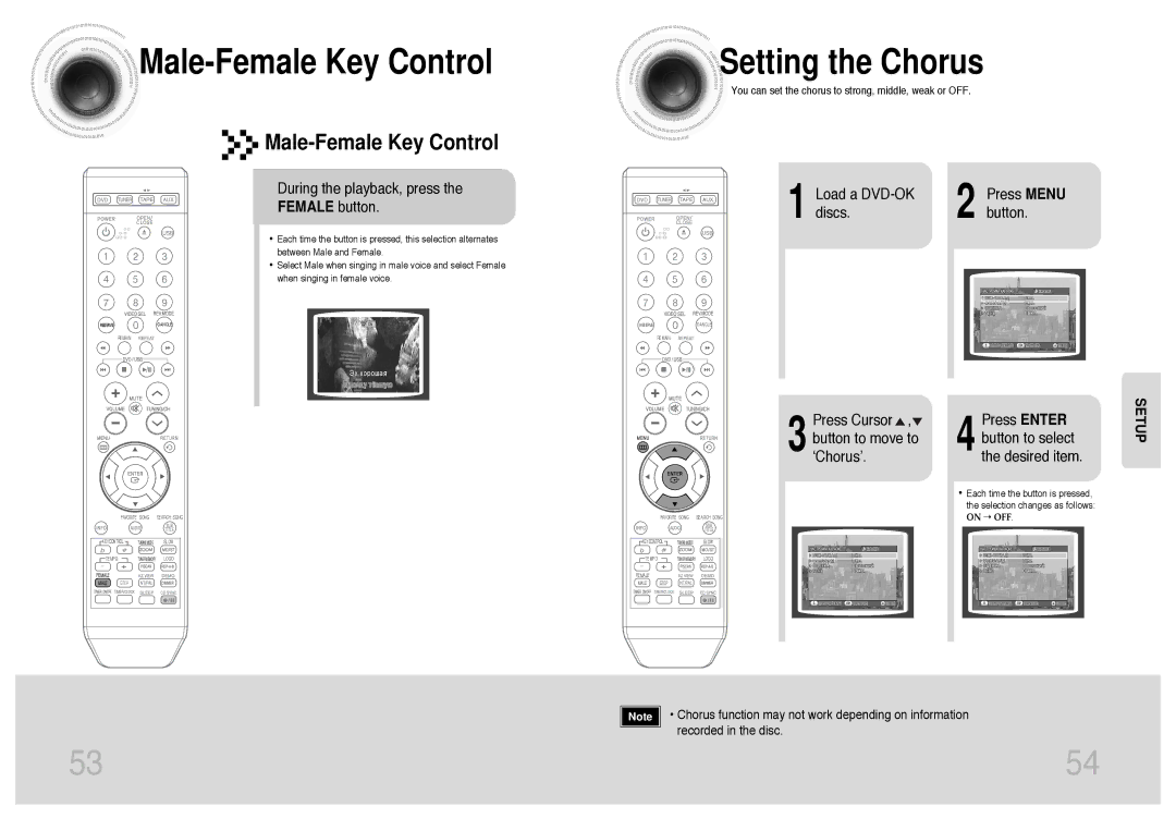 Samsung MM-KT8Q/XFU Male-Female Key Control, Setting the Chorus, Female button, Load a DVD-OK Press Menu Discs Button 