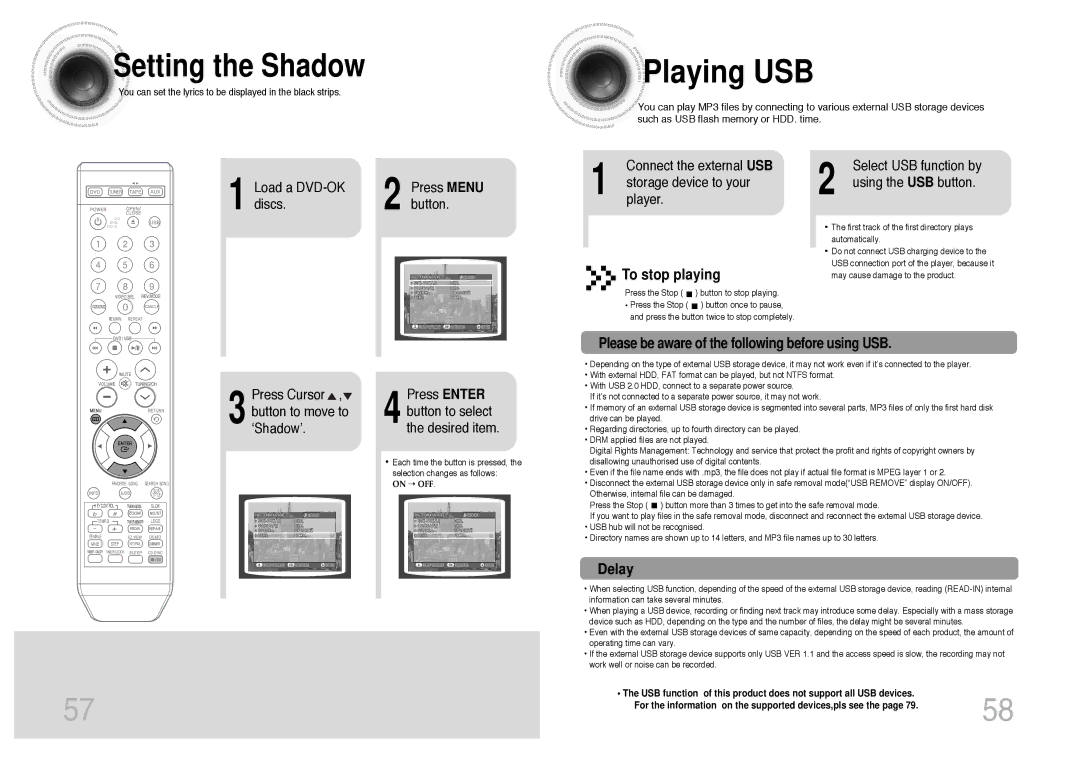 Samsung MM-KT8Q/XFU manual Playing USB, Setting the Shadow, Connect the external USB, Using the USB button 