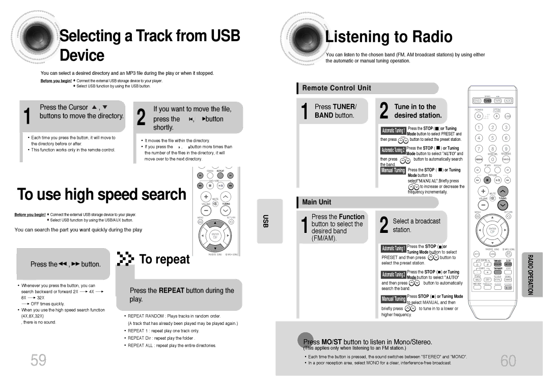 Samsung MM-KT8Q/XFU manual Selecting a Track from USB Device, Listening to Radio, To use high speed search 