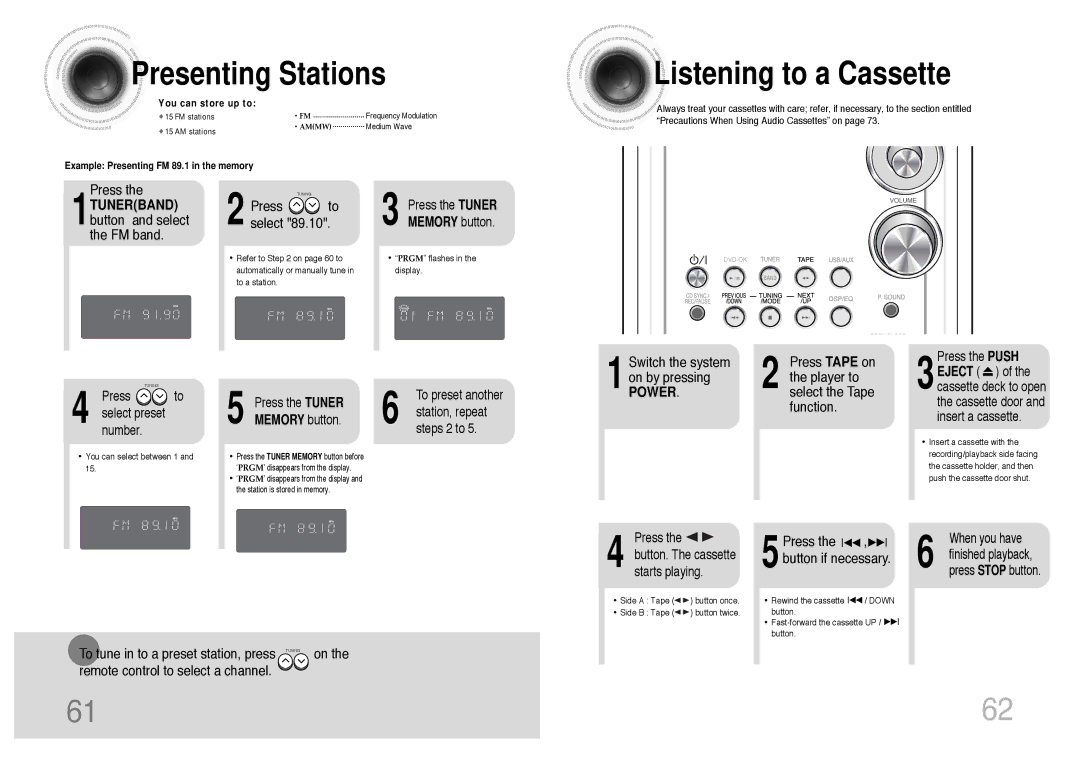 Samsung MM-KT8Q/XFU manual Presenting Stations, Listening to a Cassette, 1TUNERBAND button and select the FM band 