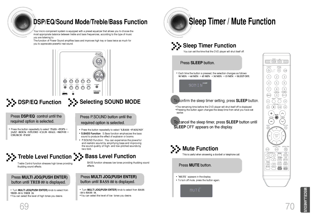 Samsung MM-KT8Q/XFU manual Sleep Timer Function, DSP/EQ Function, Mute Function, Treble Level Function Bass Level Function 