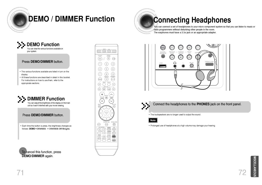 Samsung MM-KT8Q/XFU manual Demo / Dimmer Function, Connecting Headphones, Demo Function, DEMO/DIMMER again 