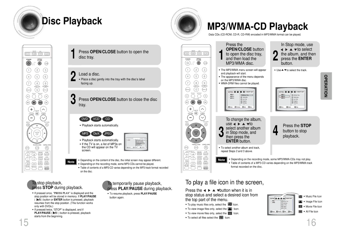 Samsung MM-KT8Q/XFU manual Disc Playback MP3/WMA-CD Playback, Press OPEN/CLOSE button to open the disc tray Load a disc 