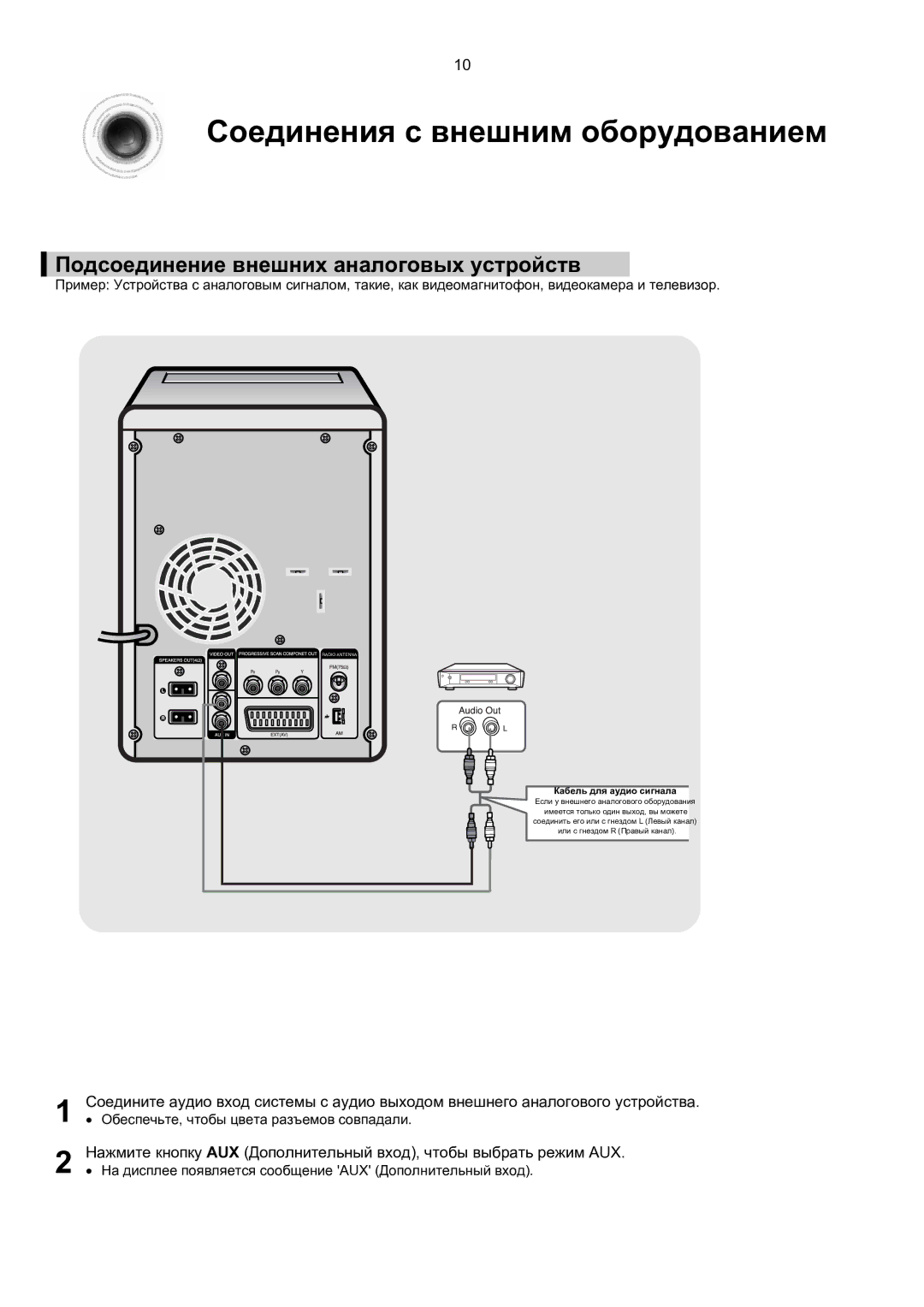 Samsung MM-KT8Q/XFU manual Соединения с внешним оборудованием, Подсоединение внешних аналоговых устройств 