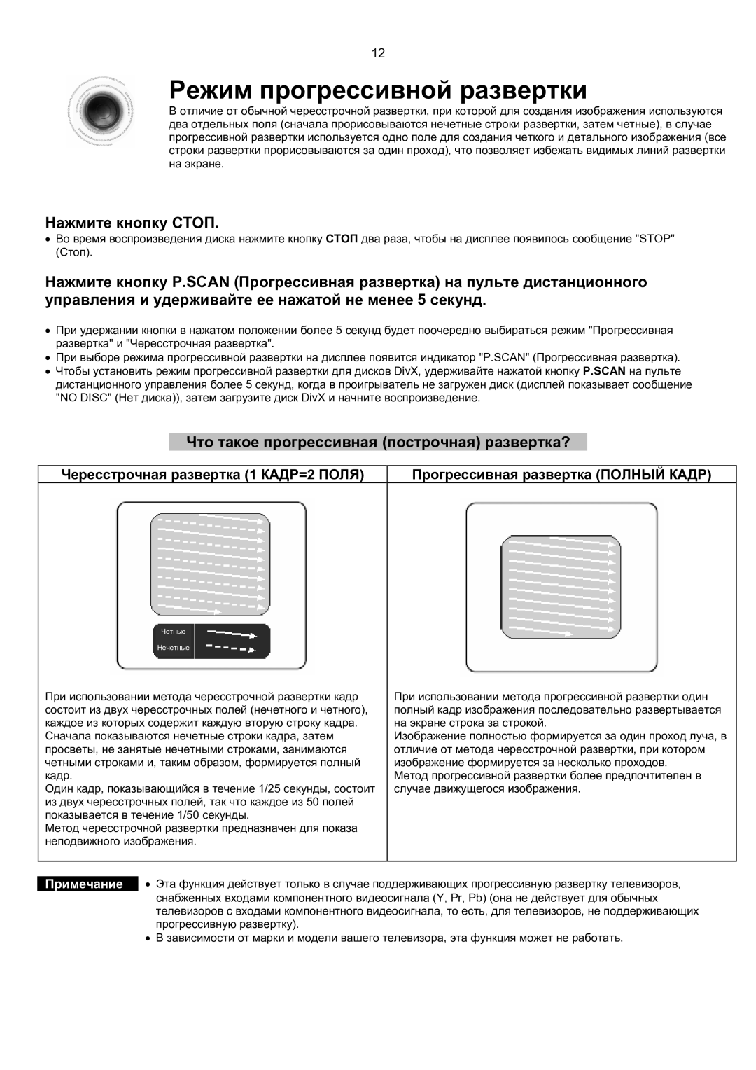 Samsung MM-KT8Q/XFU Режим прогрессивной развертки, Нажмите кнопку Стоп, Что такое прогрессивная построчная развертка? 