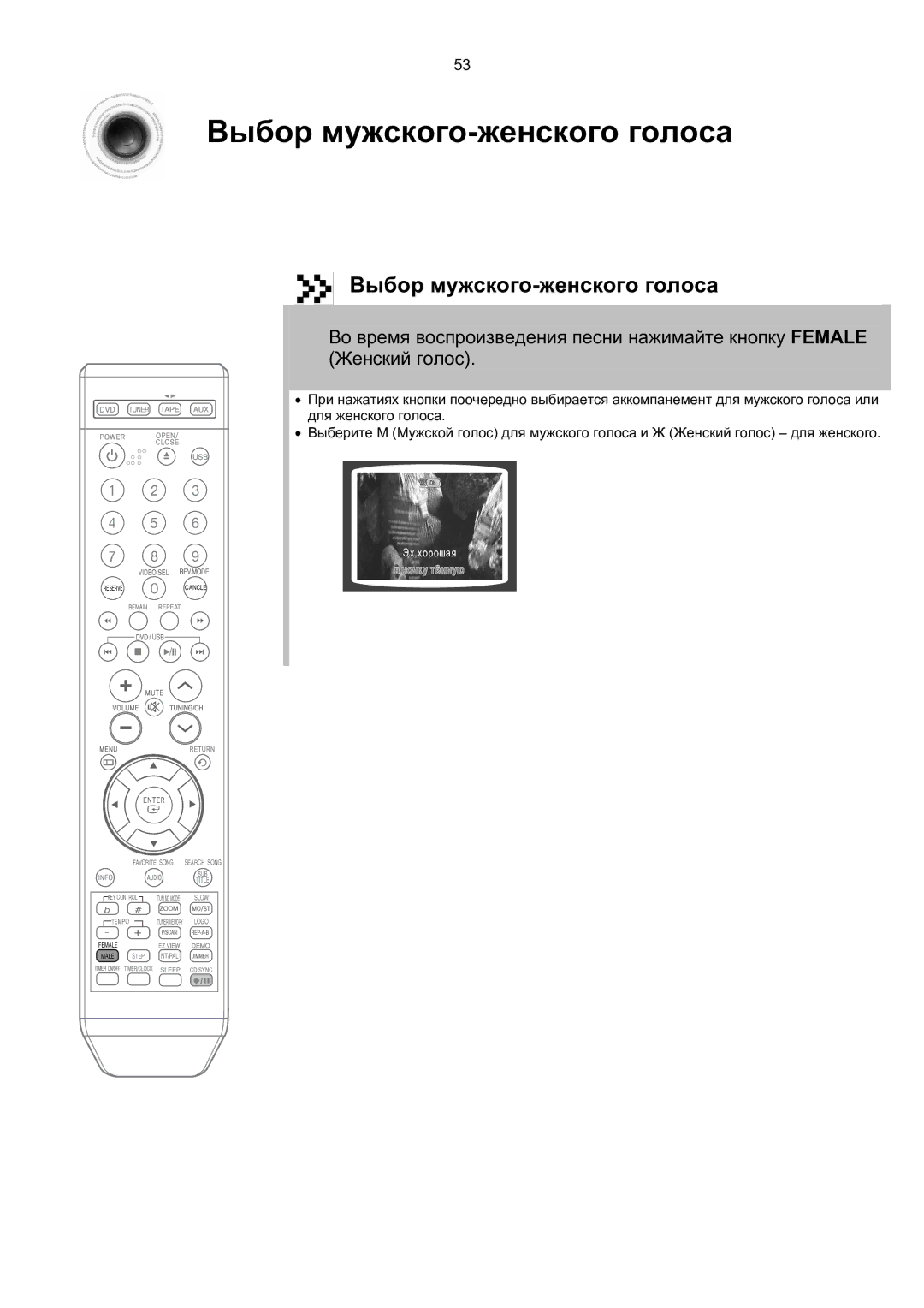 Samsung MM-KT8Q/XFU Выбор мужского-женского голоса, Во время воспроизведения песни нажимайте кнопку Female, Женский голос 