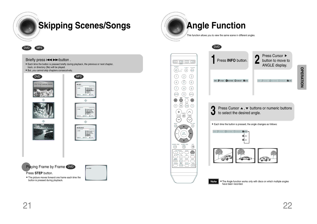 Samsung MM-KX7Q/NWT manual Skipping Scenes/Songs, Angle Function, Briefly press button, Playing Frame by Frame DVD 