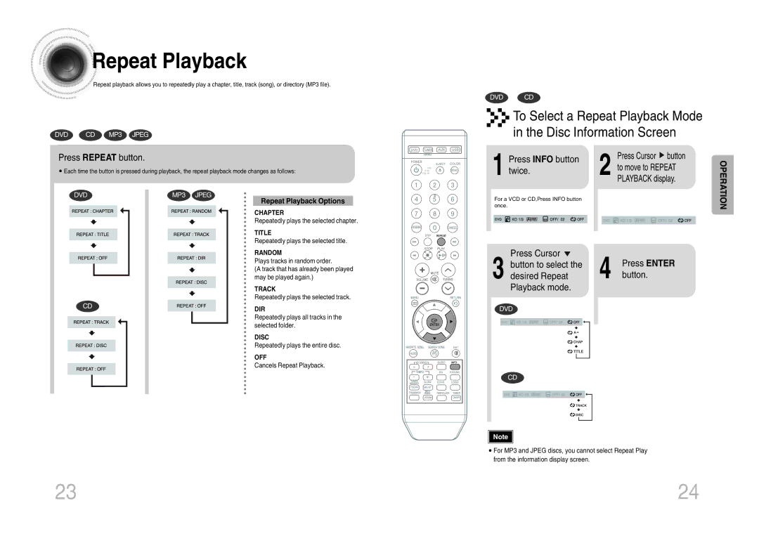 Samsung MM-KX7Q/NWT manual Repeat Playback, Press Repeat button, Press Info button twice, Press Cursor 3 button to select 