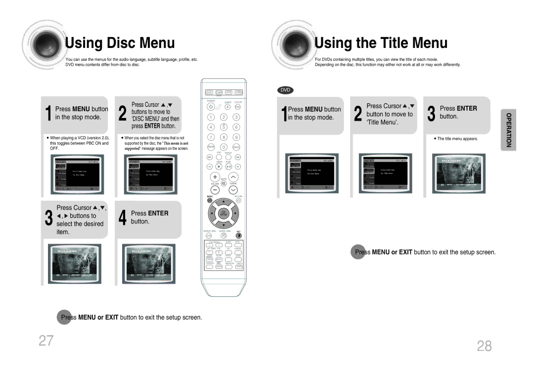 Samsung MM-KX7Q/NWT manual Using Disc Menu, Using the Title Menu, Press Cursor Buttons to select the desired item 