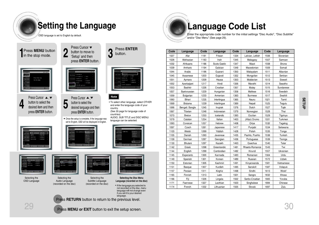 Samsung MM-KX7Q/NWT manual Language Code List, Setting the Language, Press Menu button, Stop mode 