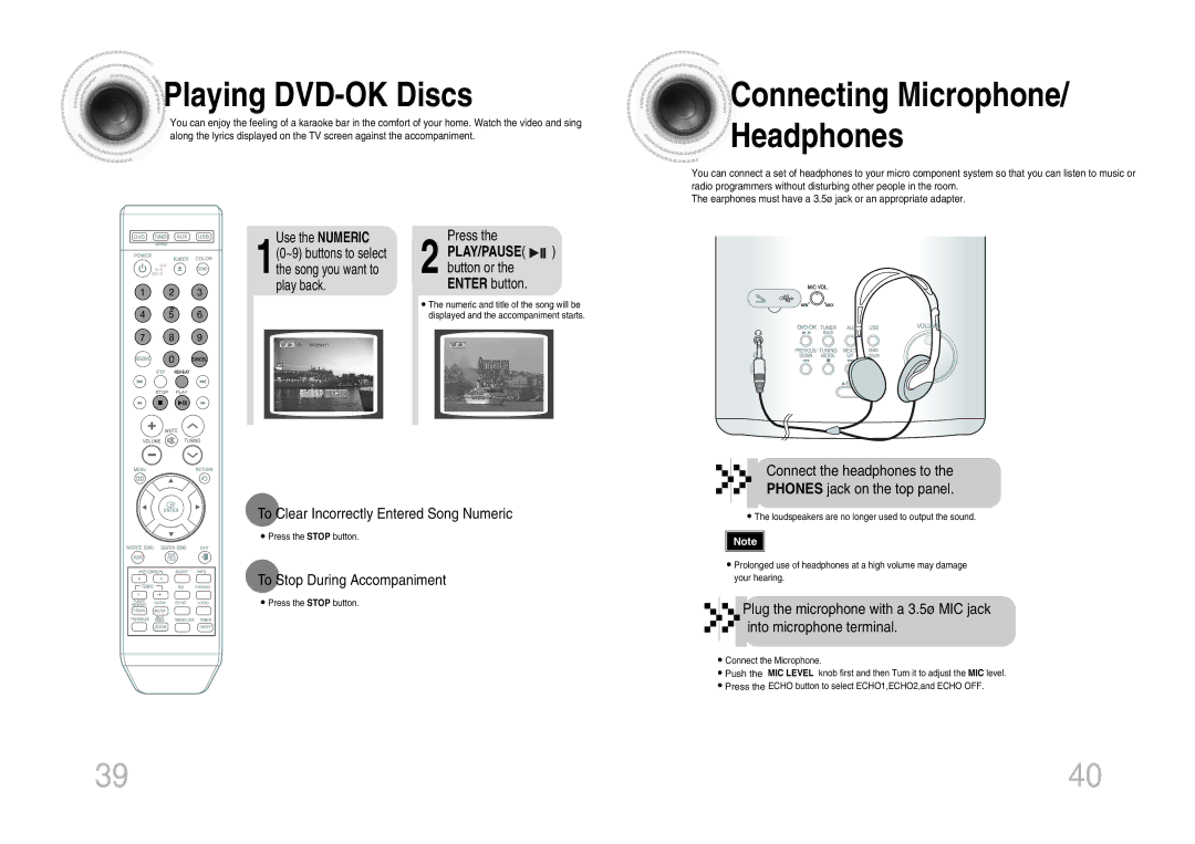 Samsung MM-KX7Q/NWT Playing DVD-OK Discs, Connecting Microphone/ Headphones, To Clear Incorrectly Entered Song Numeric 