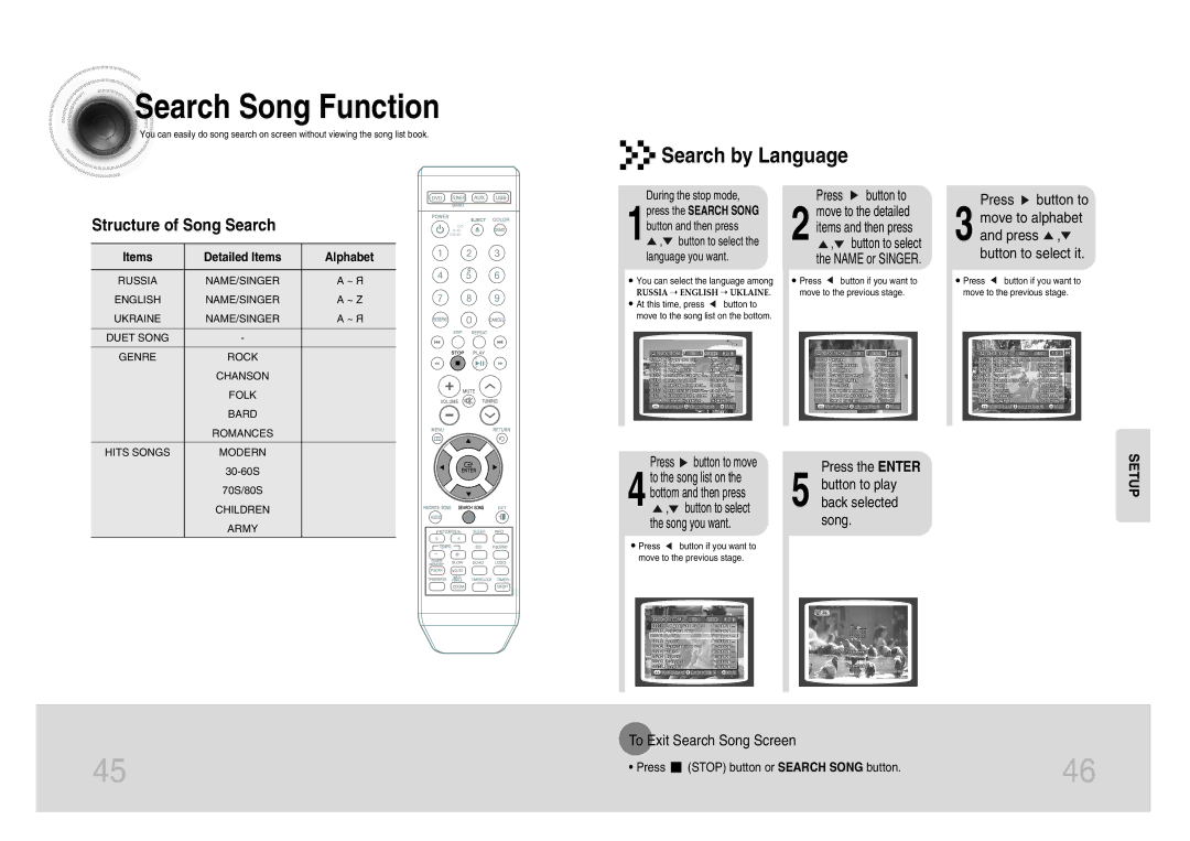 Samsung MM-KX7Q/NWT manual Search Song Function, Search by Language, Press button to, To Exit Search Song Screen 