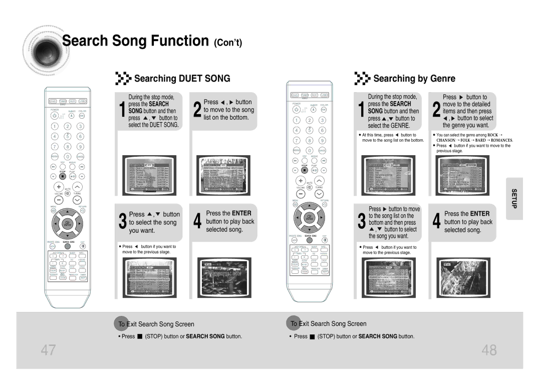 Samsung MM-KX7Q/NWT manual Search Song Function Con’t, Searching Duet Song Searching by Genre 