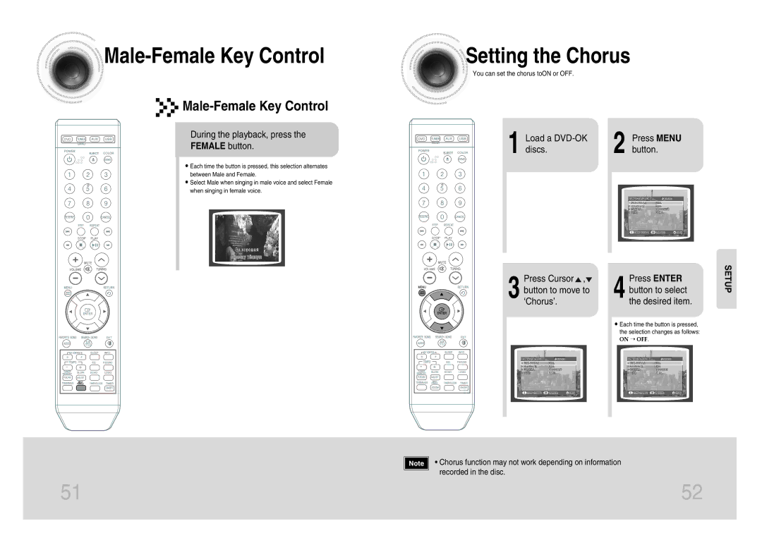 Samsung MM-KX7Q/NWT manual Male-Female Key Control, Setting the Chorus, During the playback, press the Female button 