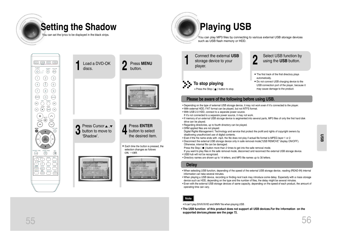 Samsung MM-KX7Q/NWT manual Playing USB, Setting the Shadow, Please be aware of the following before using USB 