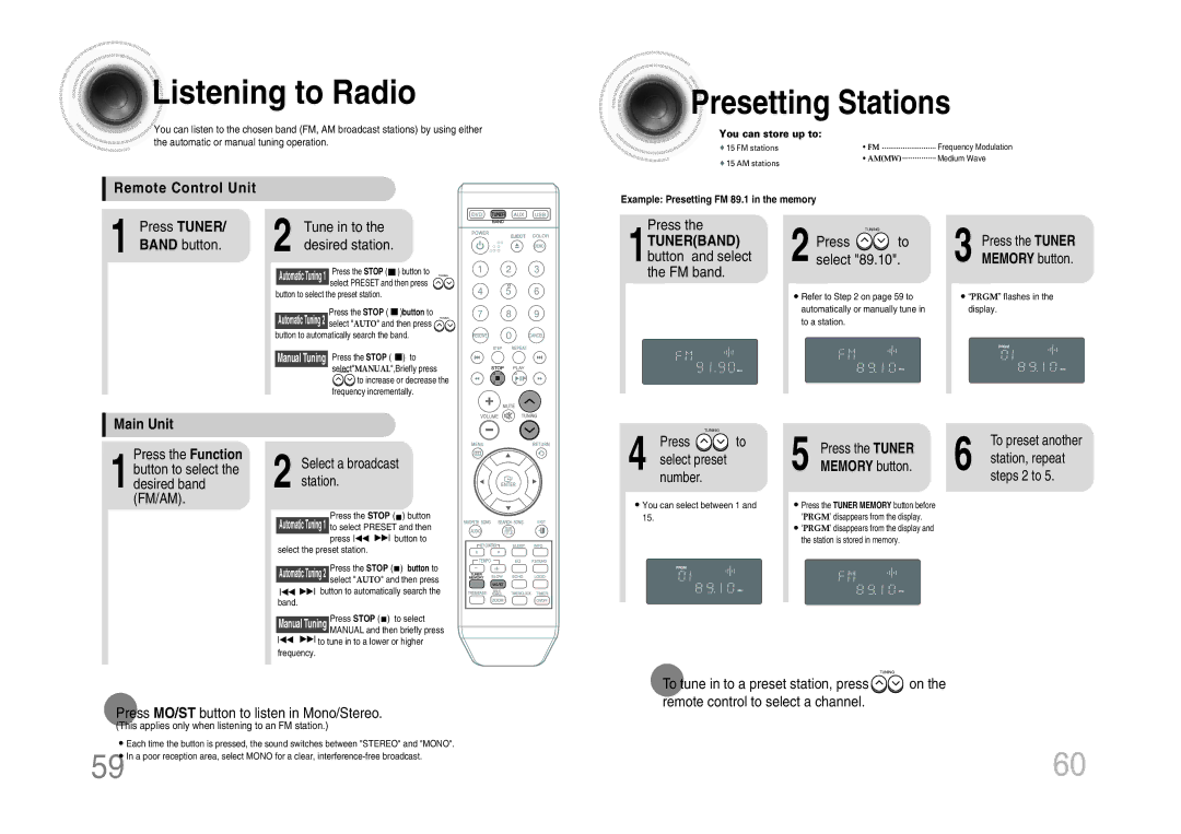 Samsung MM-KX7Q/NWT Listening to Radio, Presetting Stations, Remote Control Unit, 1TUNERBAND button and select the FM band 