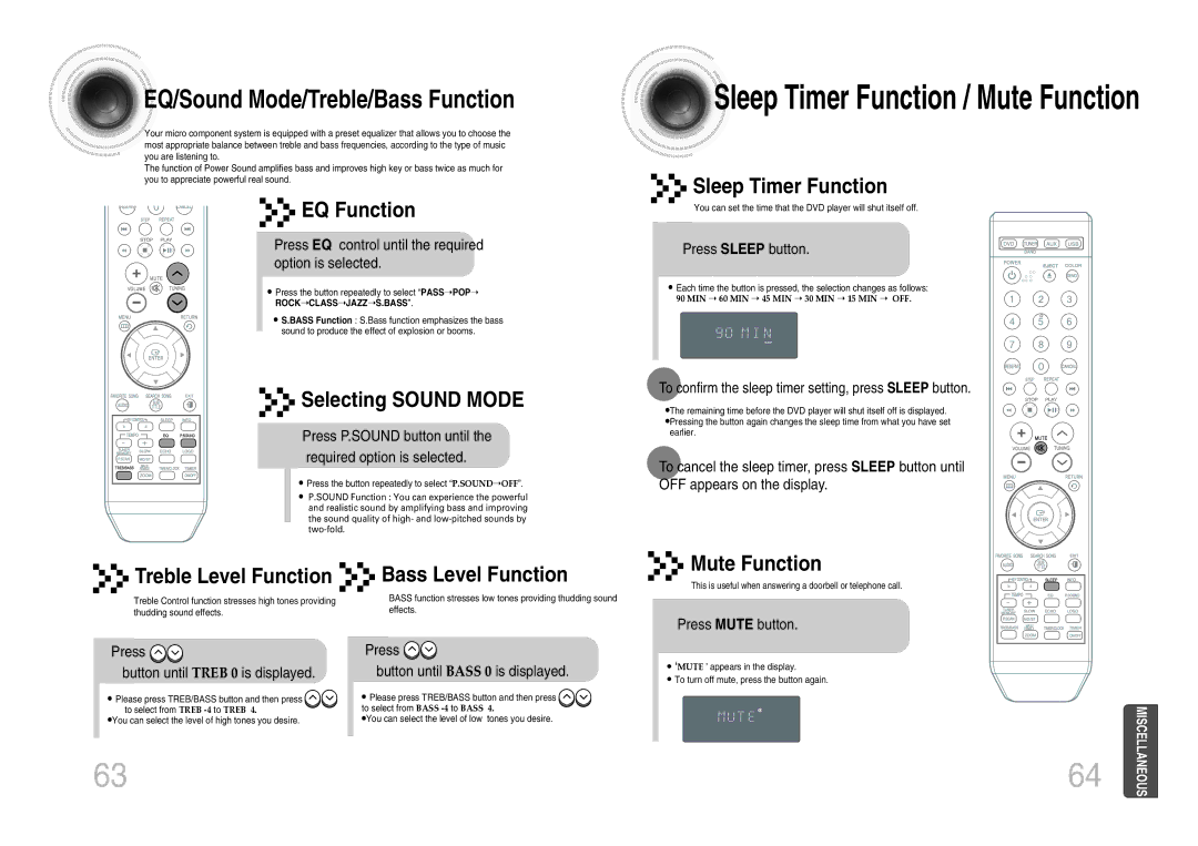 Samsung MM-KX7Q/NWT EQ Function, Selecting Sound Mode, Treble Level Function Bass Level Function, Sleep Timer Function 