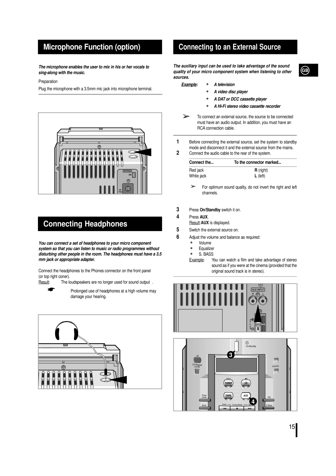 Samsung MM-L2, MML2RH/ELS, MML2LH/ELS Microphone Function option, Connecting Headphones, Connecting to an External Source 