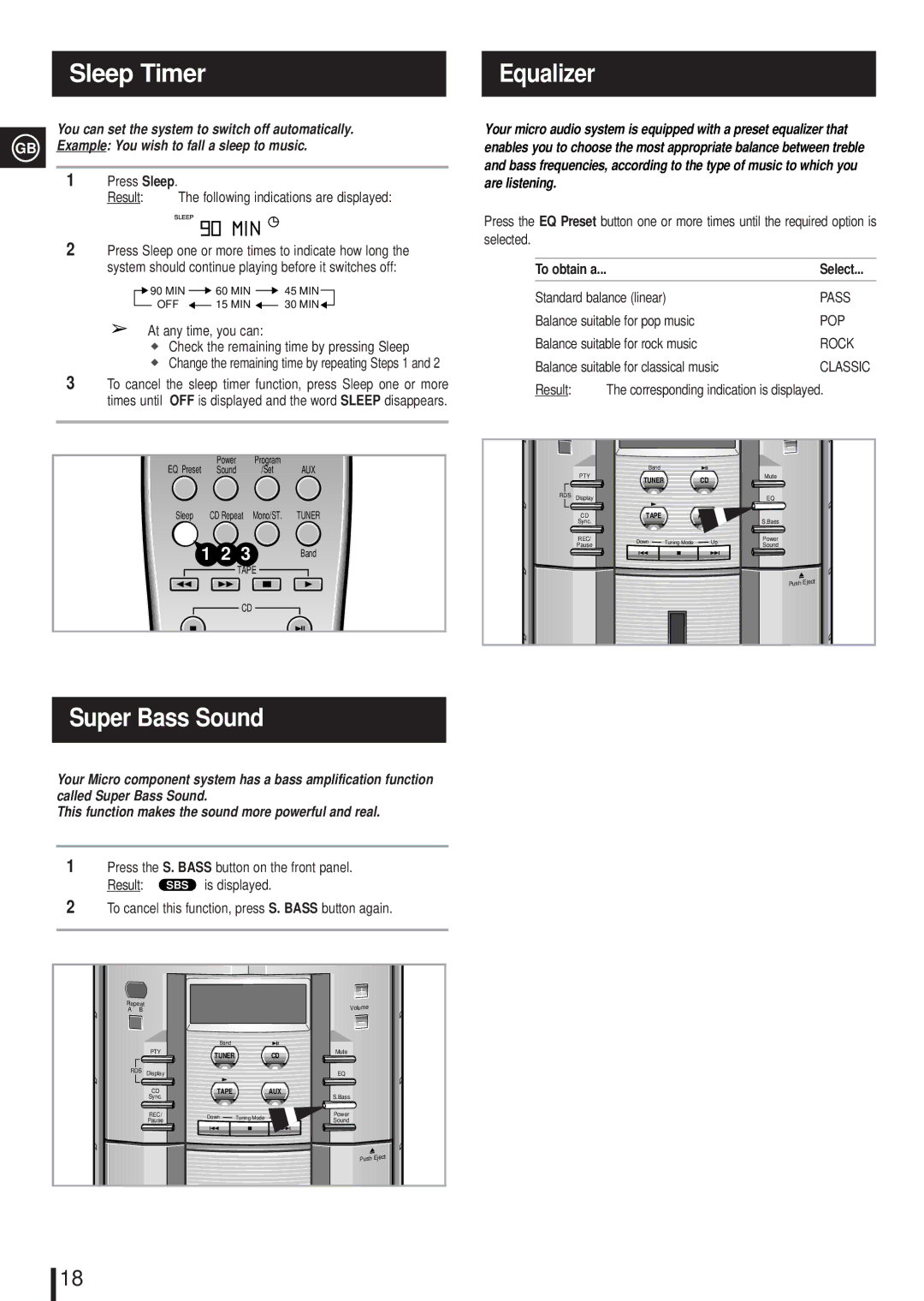 Samsung MM-L4, MML4RH/ELS manual Sleep Timer Equalizer, Super Bass Sound, To obtain a 