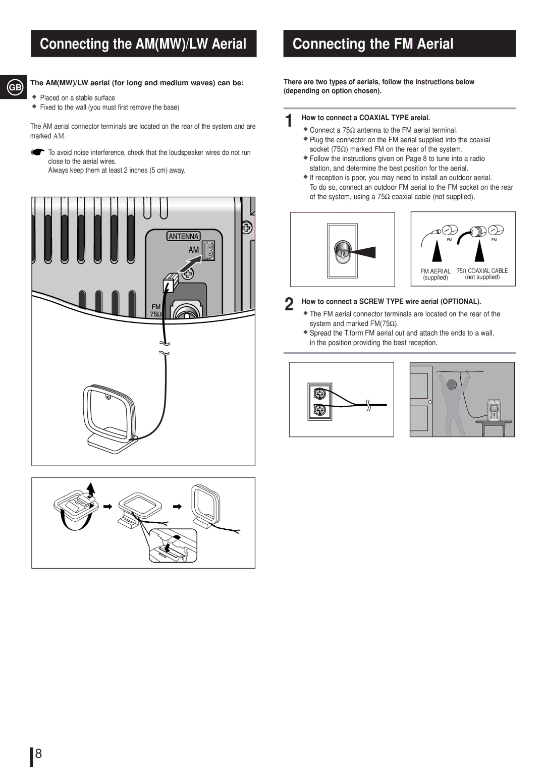 Samsung MM-L4, MML4RH/ELS manual Connecting the FM Aerial, AMMW/LW aerial for long and medium waves can be 