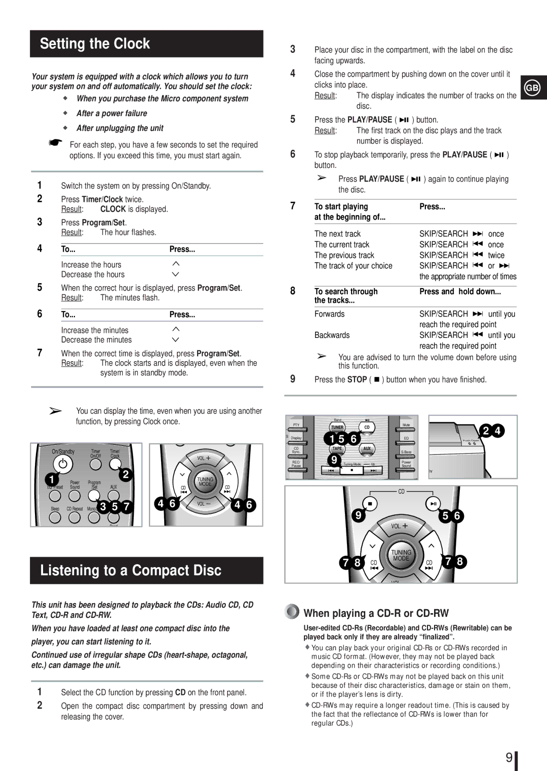 Samsung MML4RH/ELS, MM-L4 Setting the Clock, Listening to a Compact Disc, After a power failure After unplugging the unit 