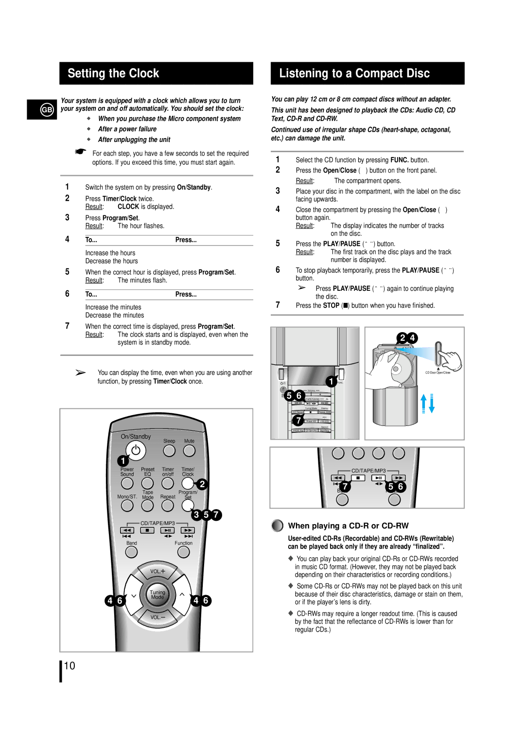 Samsung MML7 Setting the Clock Listening to a Compact Disc, After a power failure After unplugging the unit, To...Press 