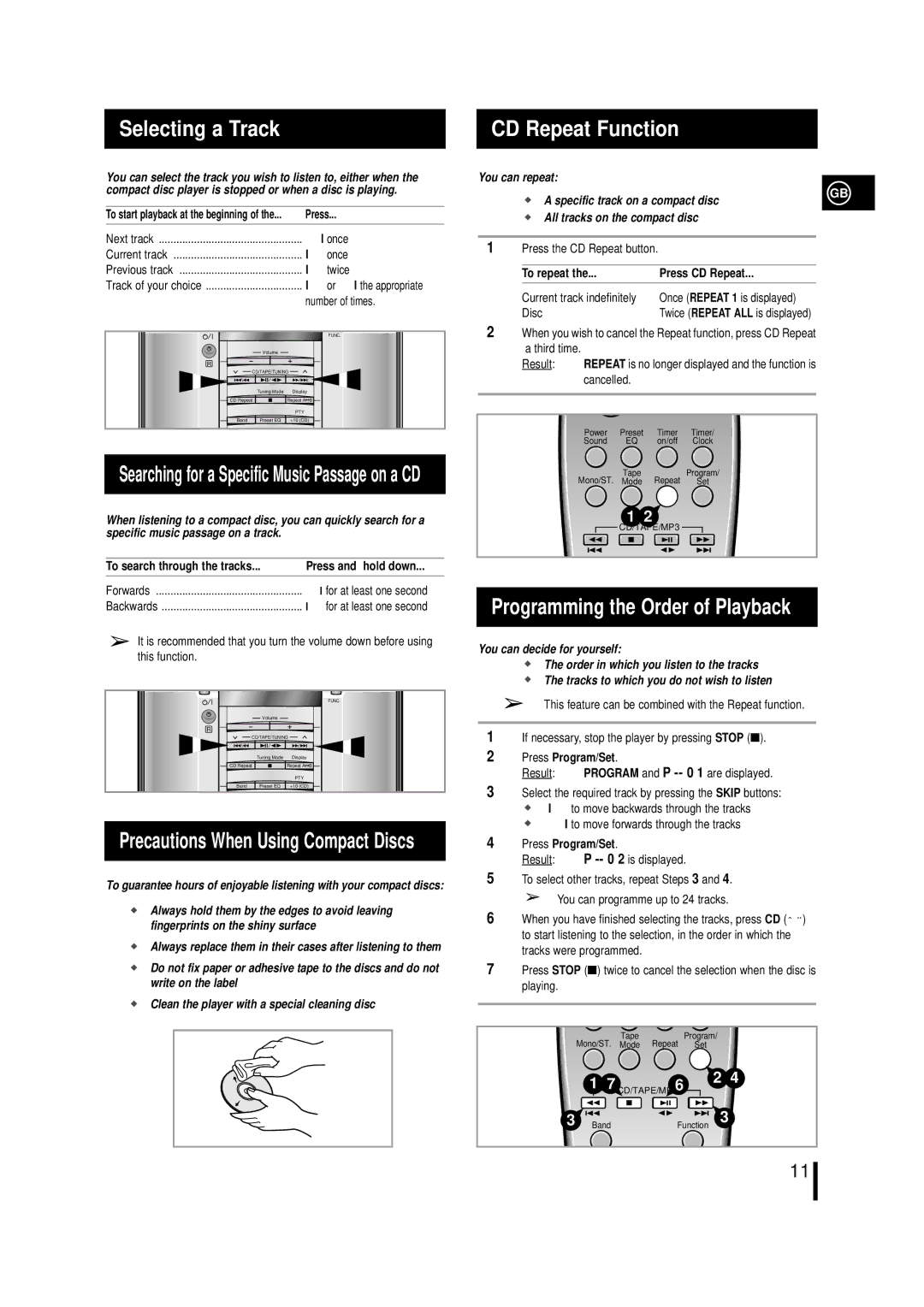 Samsung MML7QH/XFO Selecting a Track, Programming the Order of Playback, Searching for a Specific Music Passage on a CD 