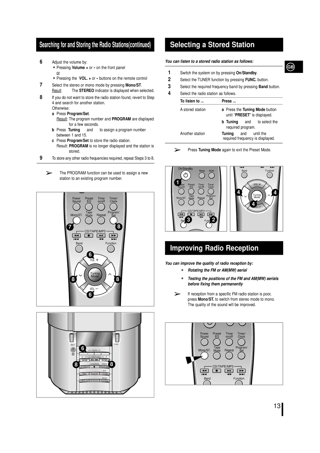 Samsung MML7RH/ELS, MM-L7, MML7QH/XFO manual Selecting a Stored Station, Improving Radio Reception 