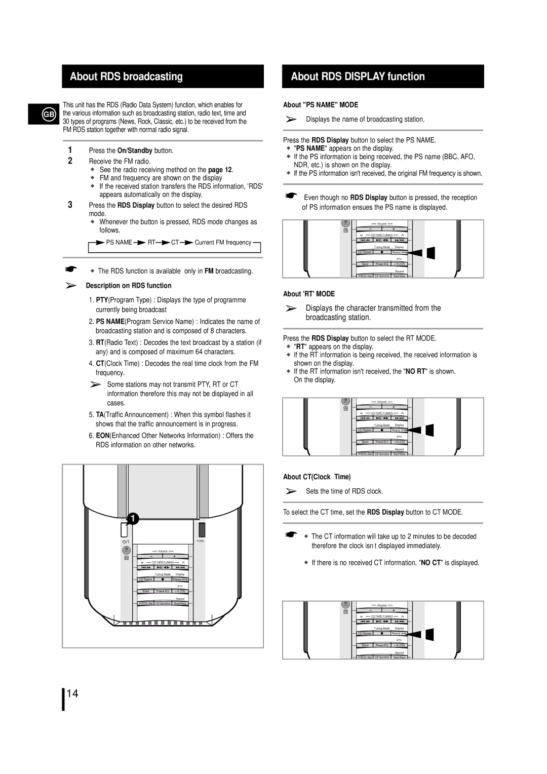 Samsung MM-L7, MML7RH/ELS, MML7QH/XFO Description on RDS function, About PS Name Mode, About RT Mode, About CTClock Time 