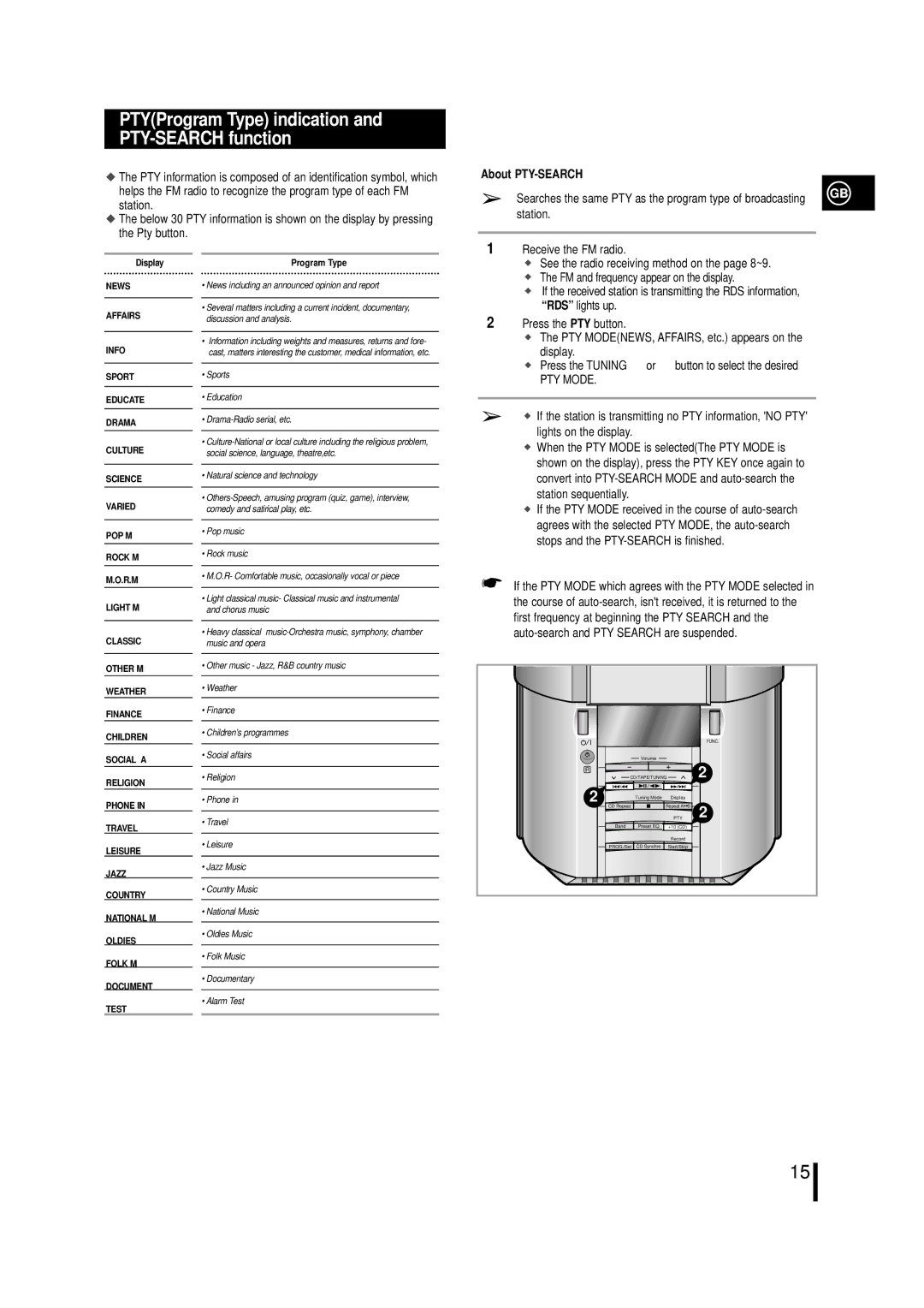 Samsung MML7QH/XFO, MM-L7, MML7RH/ELS manual PTYProgram Type indication and PTY-SEARCH function, About PTY-SEARCH 