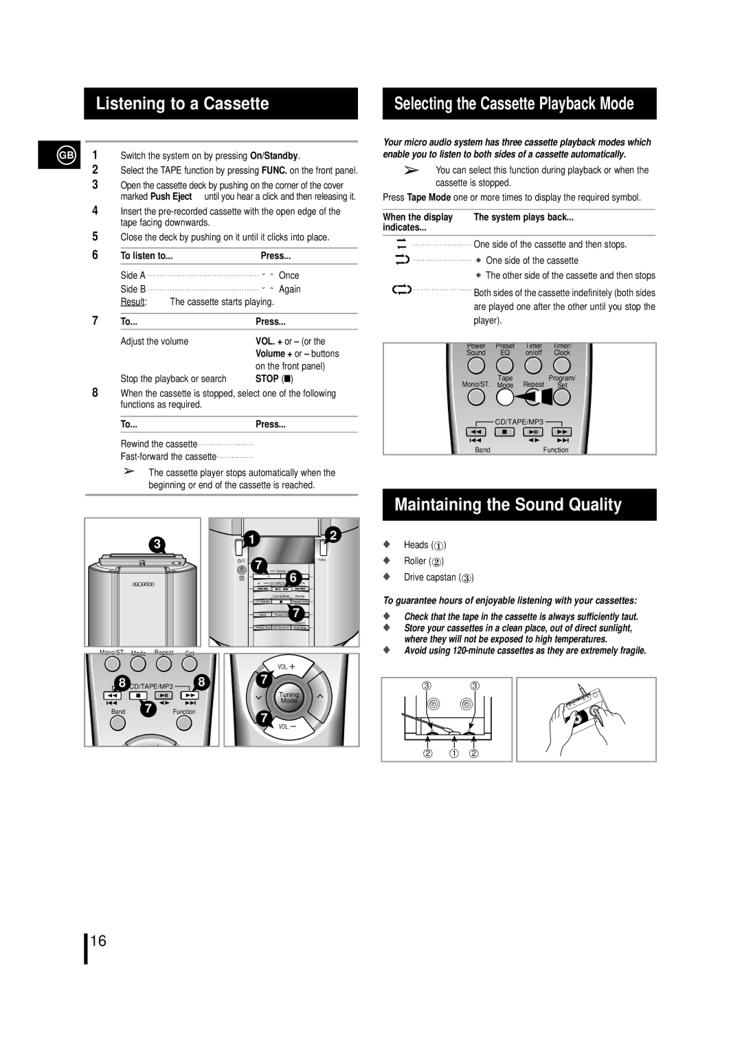 Samsung MM-L7, MML7RH/ELS manual Listening to a Cassette, Maintaining the Sound Quality, Stop, System plays back, Indicates 