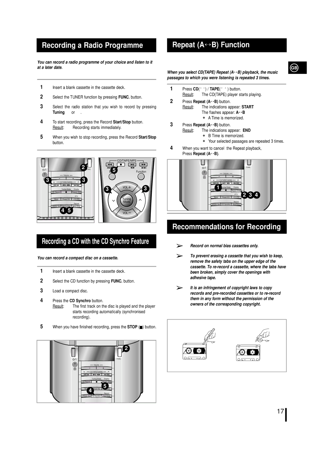 Samsung MML7RH/ELS, MM-L7, MML7QH/XFO manual Repeat A↔ B Function, Recommendations for Recording, Press Repeat A↔ B 