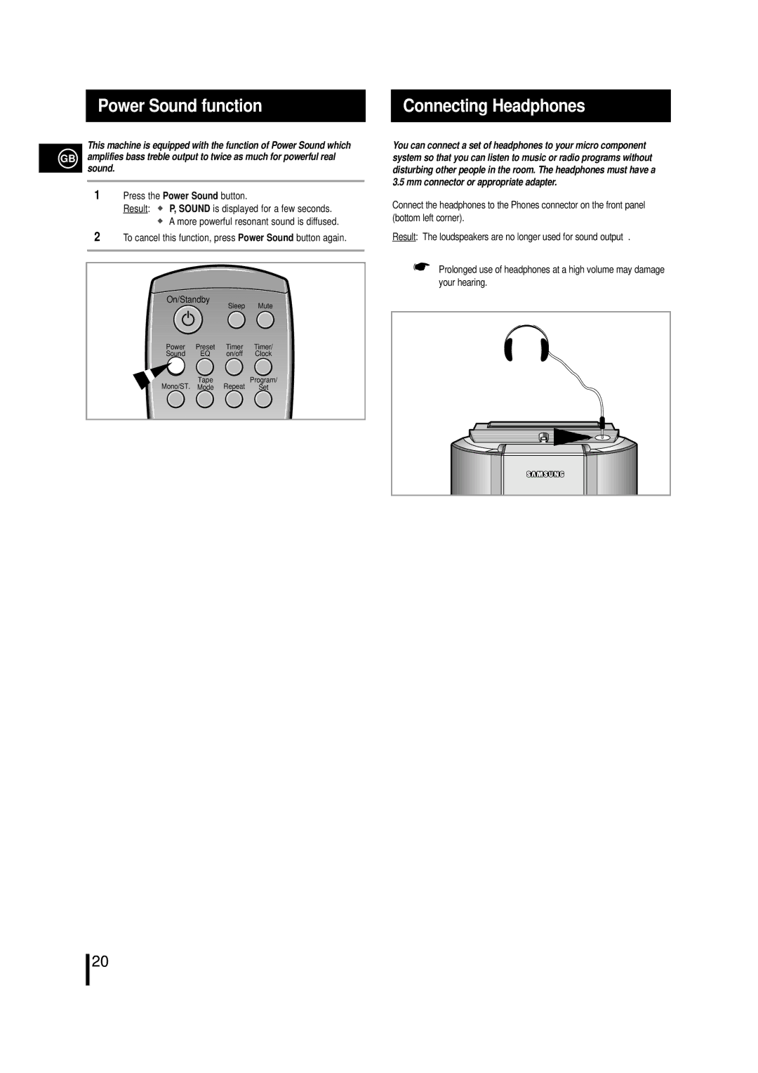 Samsung MM-L7, MML7RH/ELS, MML7QH/XFO manual Power Sound function, Connecting Headphones 