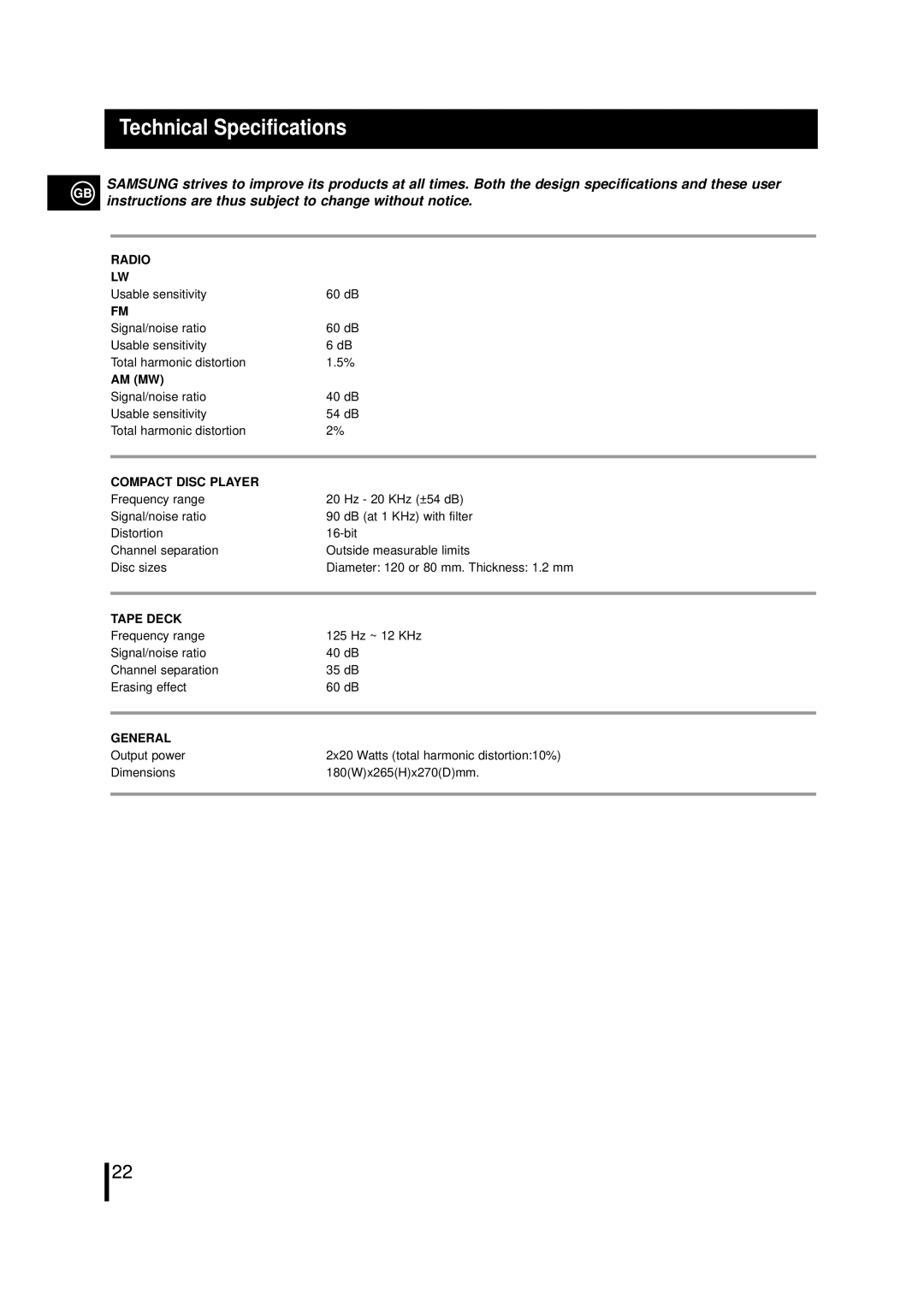 Samsung MM-L7, MML7RH/ELS, MML7QH/XFO manual Technical Specifications 