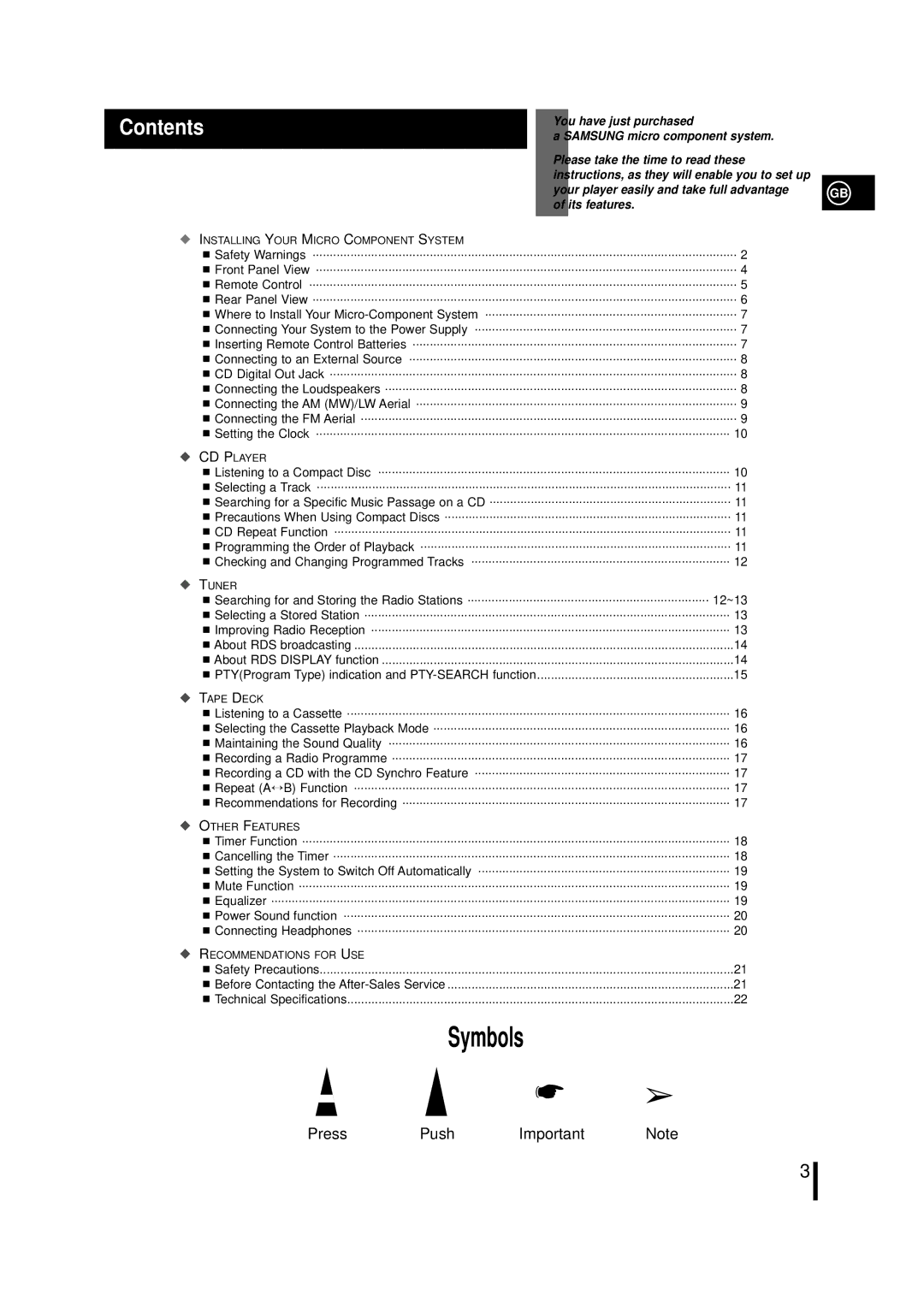 Samsung MML7QH/XFO, MM-L7, MML7RH/ELS manual Symbols, Contents 