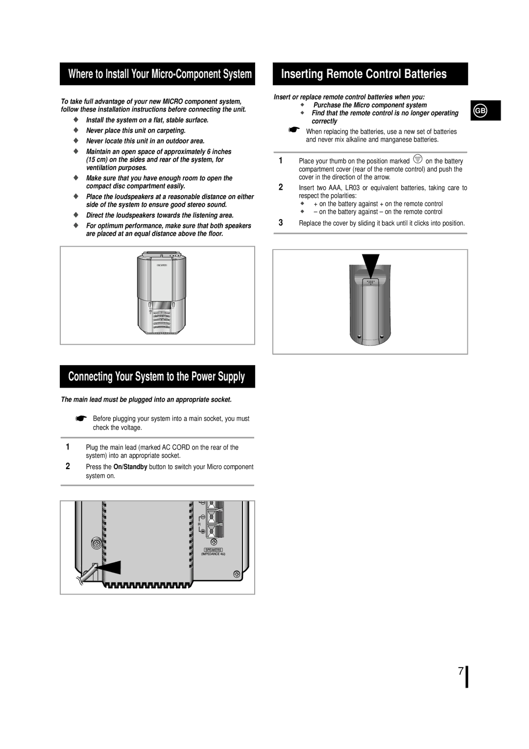 Samsung MML7QH/XFO, MM-L7, MML7RH/ELS manual Inserting Remote Control Batteries, Connecting Your System to the Power Supply 