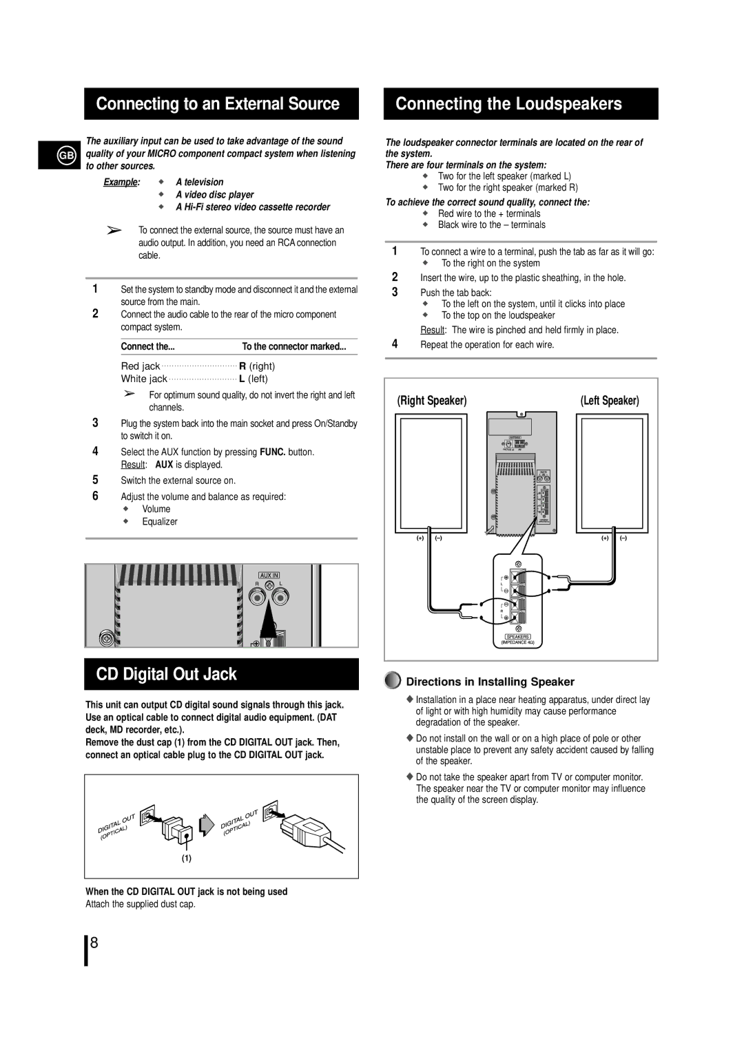 Samsung MM-L7 Connecting the Loudspeakers, CD Digital Out Jack, To other sources Example Television Video disc player 