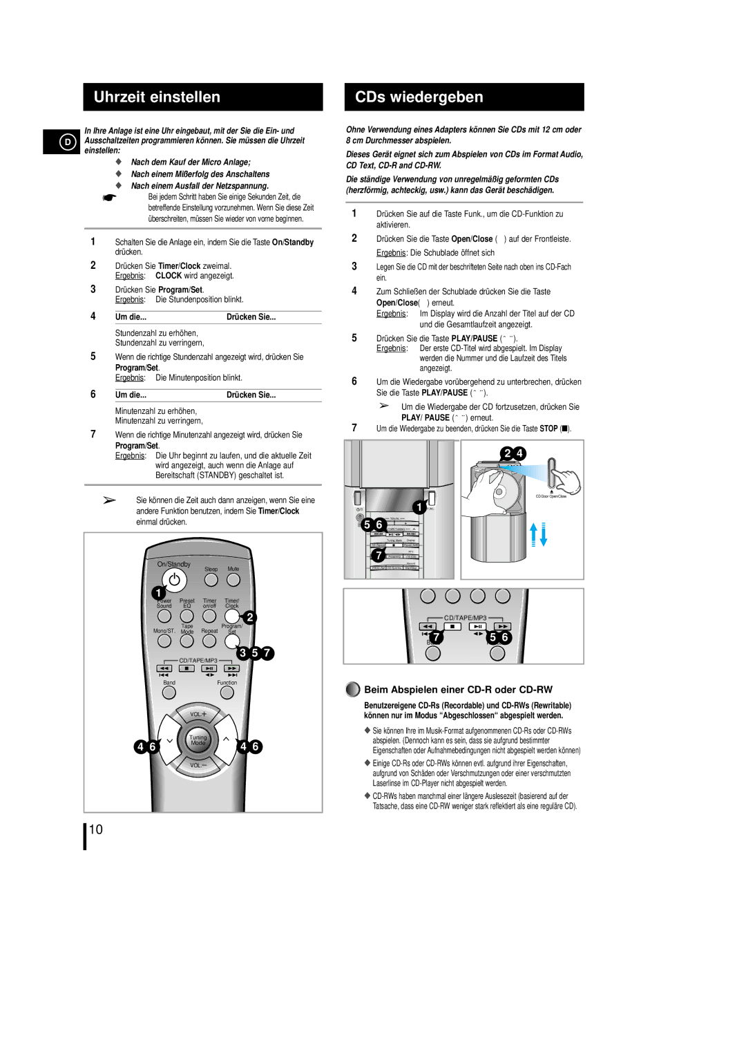 Samsung MM-L7, MML7RH/ELS manual Uhrzeit einstellen, CDs wiedergeben, Drü cken Sie, PLAY/ Pause ˆ ¨ erneut 