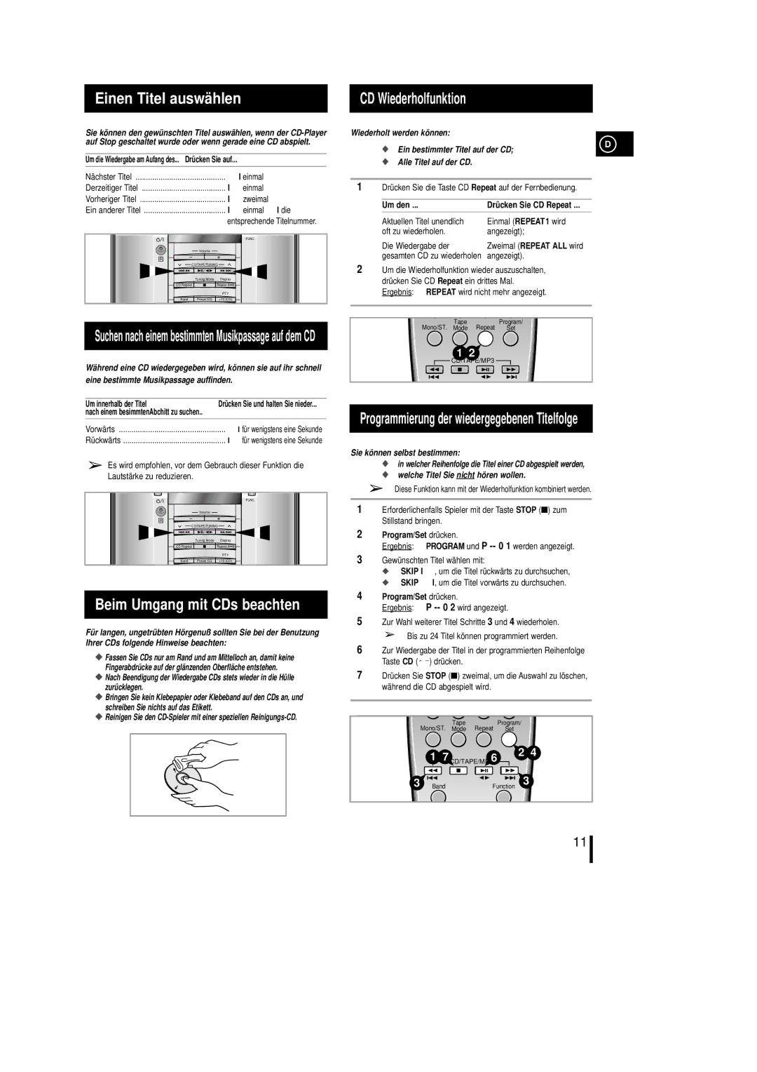 Samsung MML7RH/ELS, MM-L7 manual Einen Titel auswä hlen, Beim Umgang mit CDs beachten, CD Wiederholfunktion 