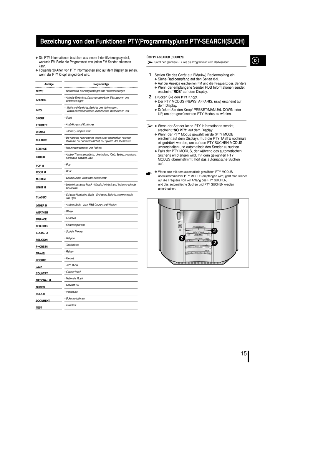 Samsung MML7RH/ELS, MM-L7 manual Siehe Radioempfang auf den Seiten, Erscheint RDS auf dem Display, Drücken Sie den PTY Knopf 