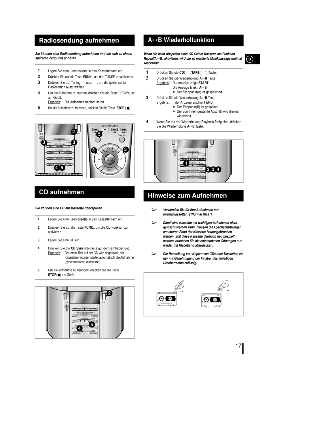 Samsung MML7RH/ELS, MM-L7 manual Radiosendung aufnehmen, CD aufnehmen, Hinweise zum Aufnehmen 