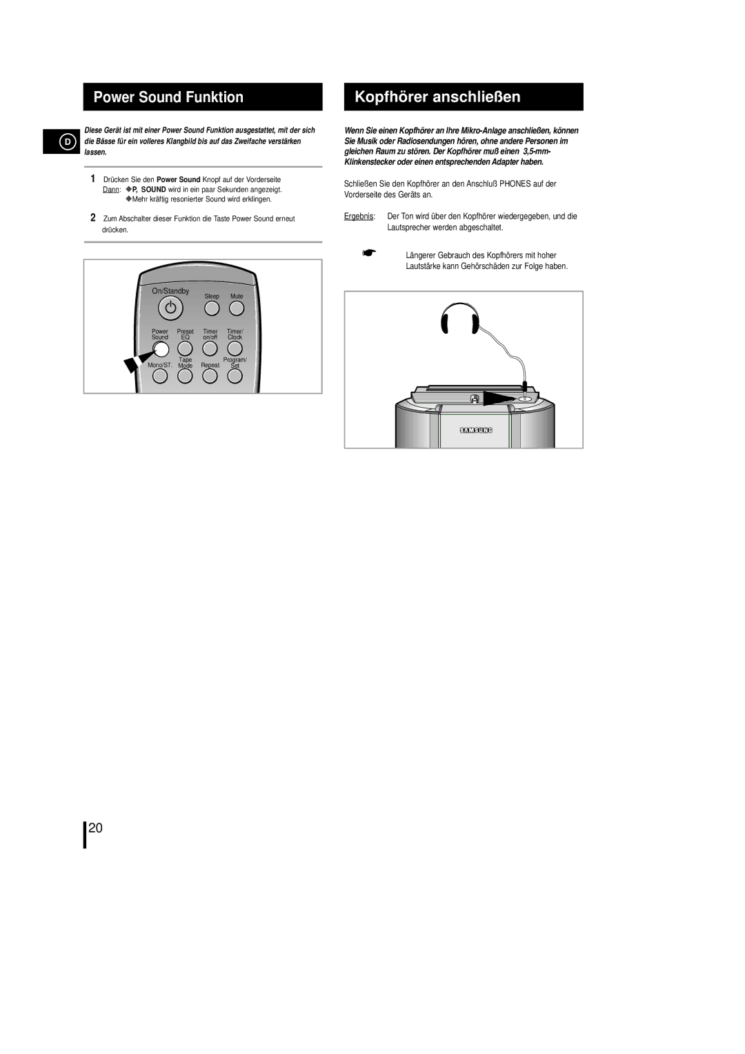 Samsung MM-L7, MML7RH/ELS manual Power Sound Funktion, Kopfhö rer anschließen 