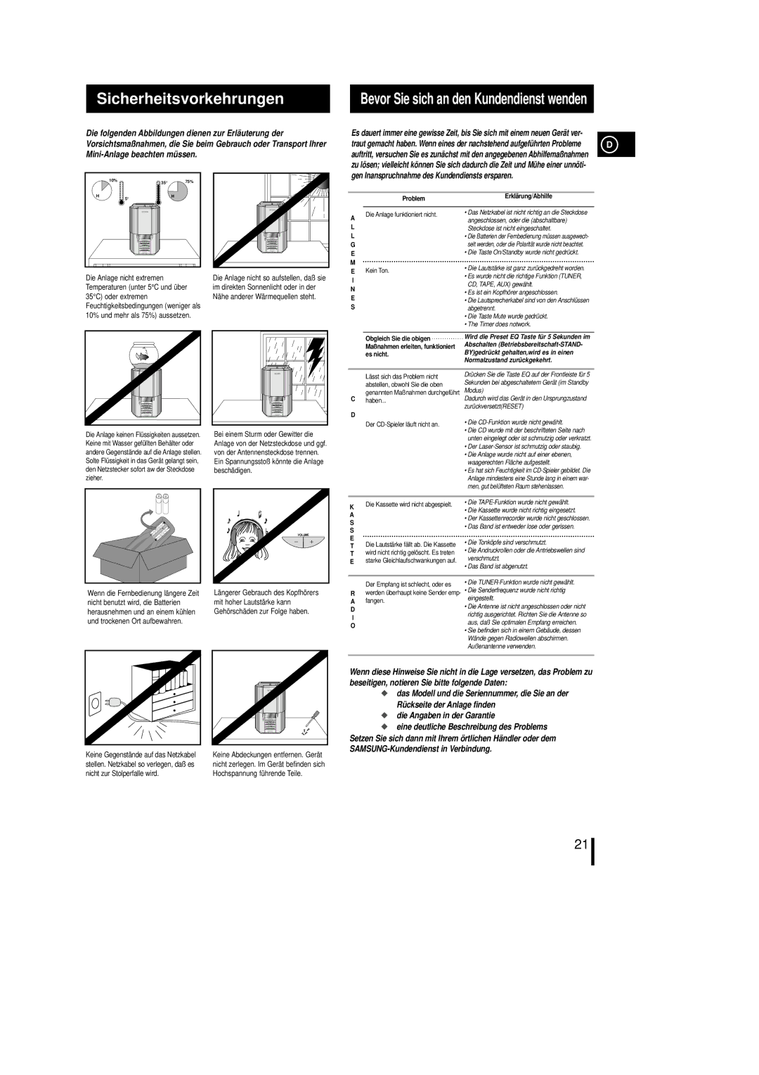 Samsung MML7RH/ELS, MM-L7 manual Sicherheitsvorkehrungen, Das Modell und die Seriennummer, die Sie an der 