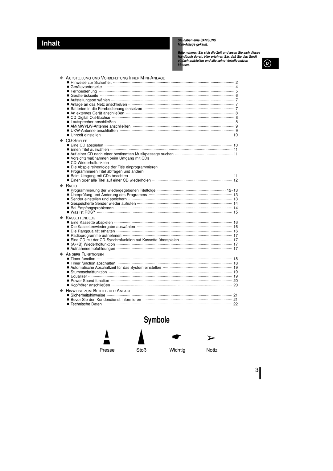 Samsung MML7RH/ELS, MM-L7 manual Symbole, Inhalt 