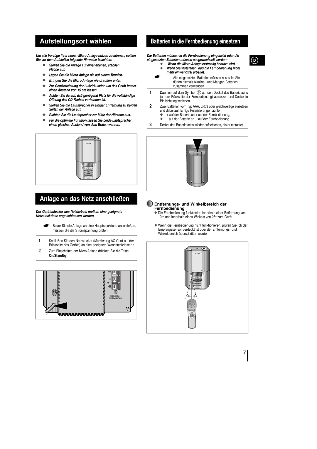 Samsung MML7RH/ELS, MM-L7 manual Aufstellungsort wä hlen, Anlage an das Netz anschließen 