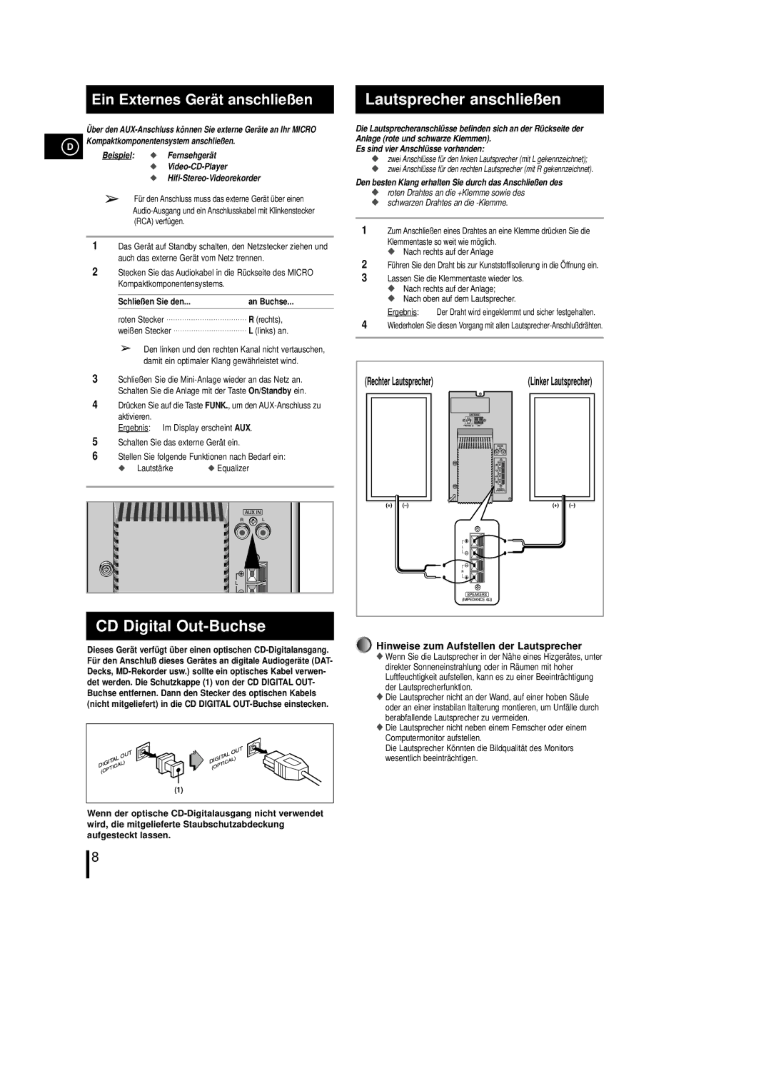 Samsung MM-L7, MML7RH/ELS manual CD Digital Out-Buchse, Lautsprecher anschließen, Es sind vier Anschlüsse vorhanden 