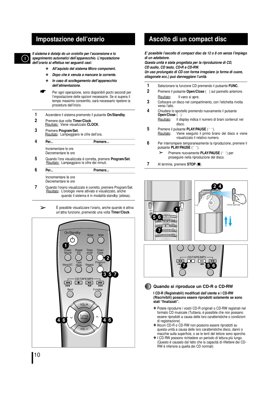 Samsung MM-L7, MML7RH/ELS manual Impostazione dell’orario, Ascolto di un compact disc, Premere Program/Set, Per...Premere 