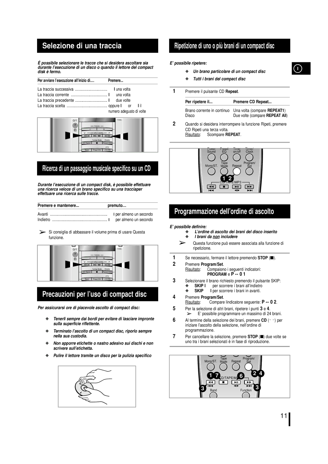 Samsung MML7RH/ELS Selezione di una traccia, Programmazione dell’ordine di ascolto, Precauzioni per l’uso di compact disc 