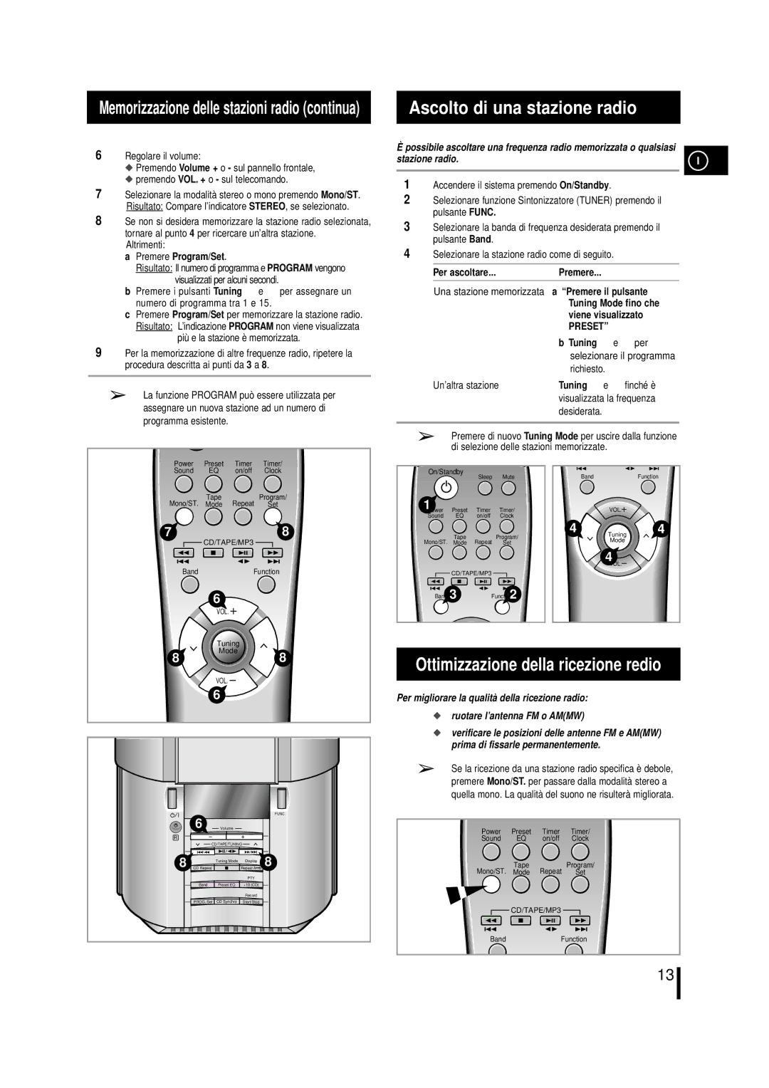 Samsung MML7RH/ELS, MM-L7 manual Ascolto di una stazione radio, Ottimizzazione della ricezione redio, Stazione radio, Preset 