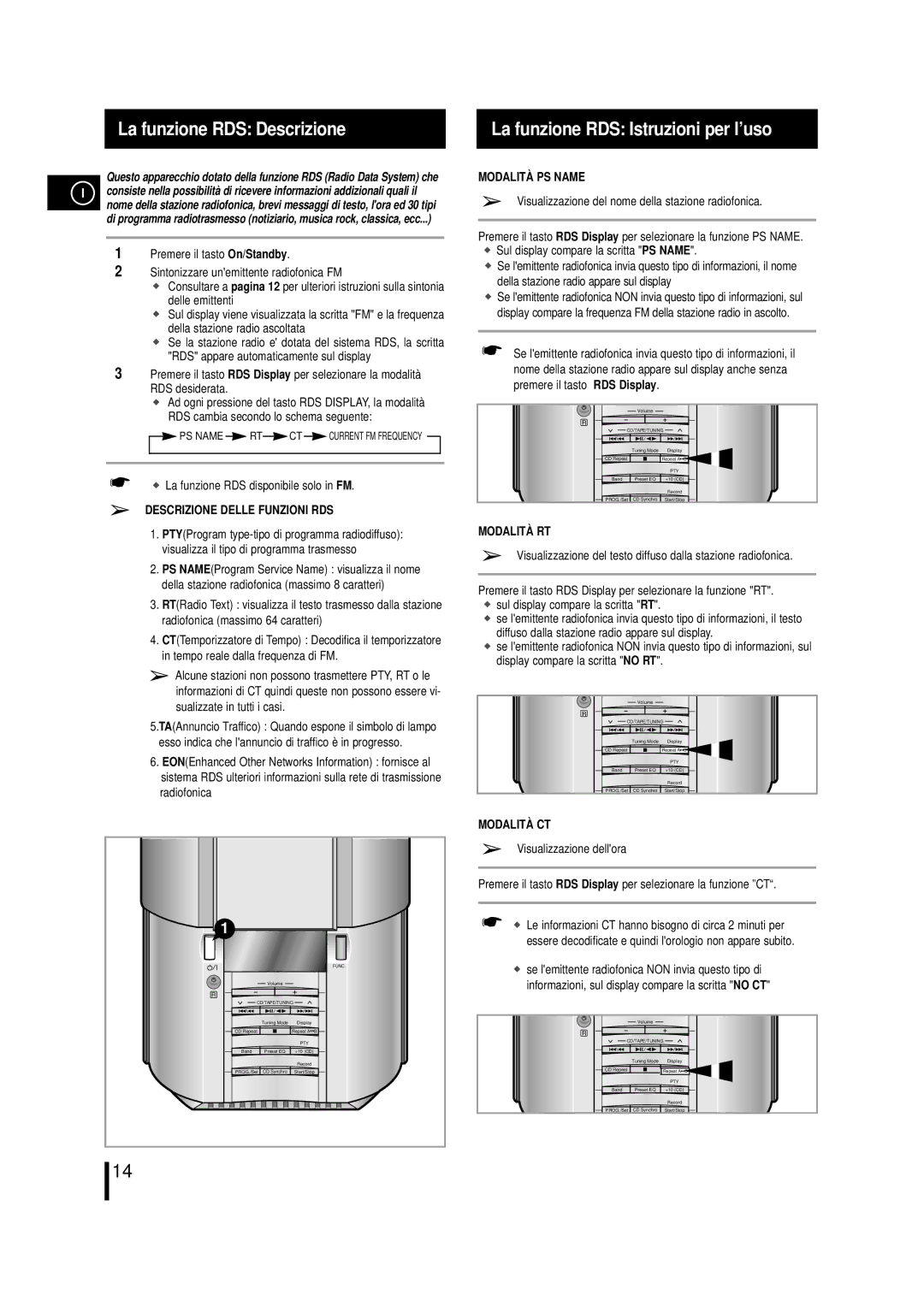 Samsung MM-L7 manual La funzione RDS disponibile solo in FM, Descrizione Delle Funzioni RDS, Modalità PS Name, Modalità RT 